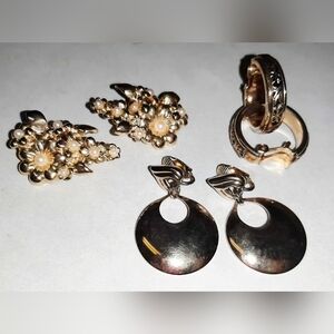 Vintage 3- Pairs Pearly Antique Gold Tone Clip on Earrings
